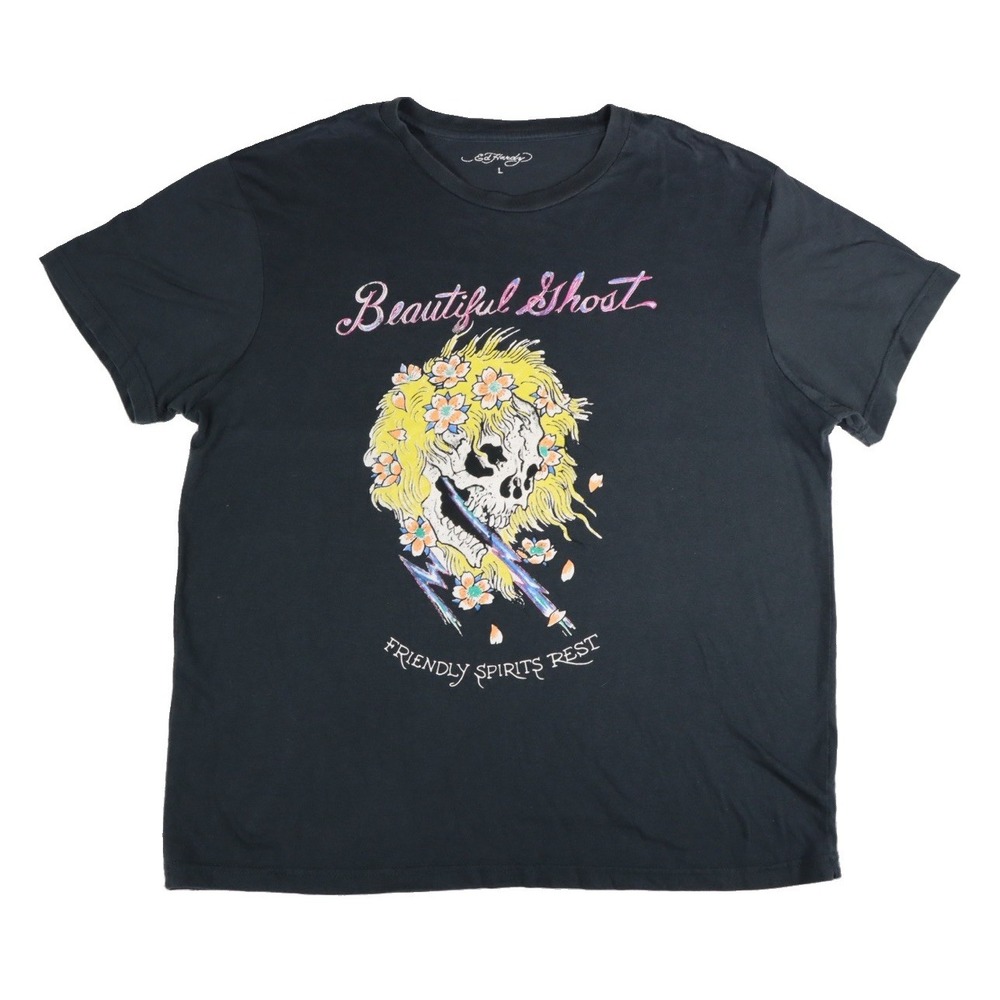 Ed Hardy Men's Size L Skull Flowers Spirit‎ Print Short Sleeve Black T Shirt